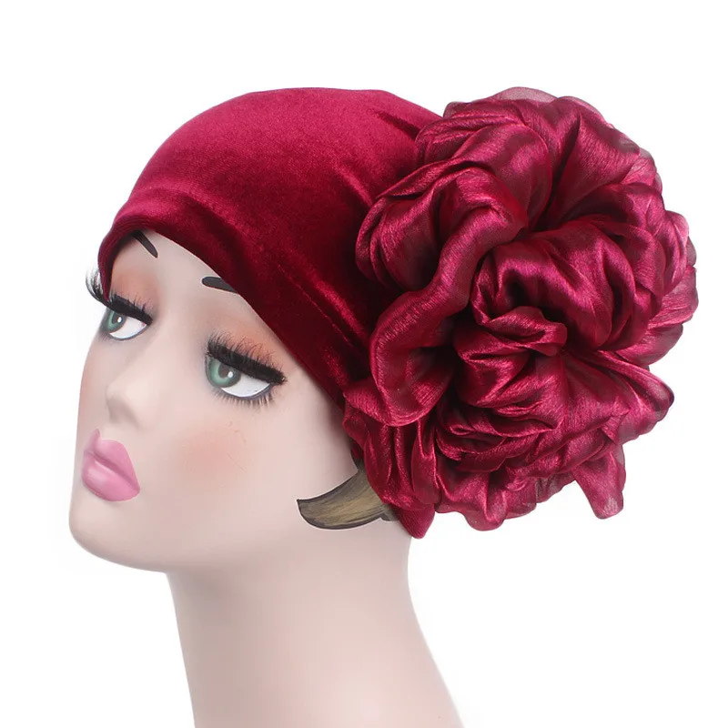 Бархатный большой тюрбан с цветком, женские повязки на голову, Мусульманский Исламский тюрбан, шапка для выпадения волос, элегантные женские вечерние аксессуары для волос