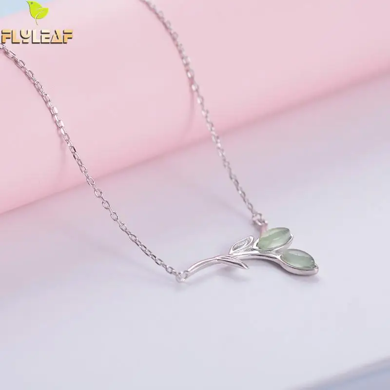 

Flyleaf Natural Green Opal Branch Leaves Necklaces & Pendants For Women 925 Sterling Silver Leaf Fasion Jewellery