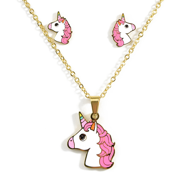 Cute Pink Horse Unicorn Design Enamel Stainless Steel Gold Color Necklaces earring Set Fashion Jewelry Kids Gift