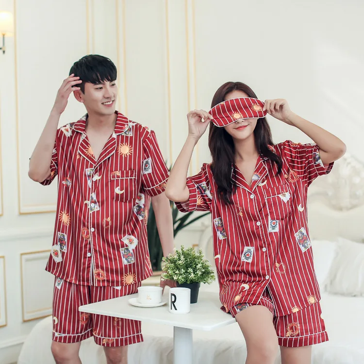 Новая шелковая пара пижамы ледяная шелковая ночная рубашка свободная Летняя женская домашняя одежда с короткими рукавами комплект из двух предметов Пижама для влюбленных sun moon