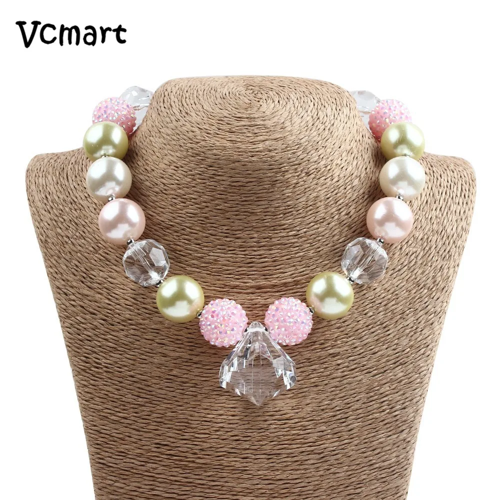 Vcmart 2Pcs Pink Clear Beaded Children Chunky Necklace Princess Girls