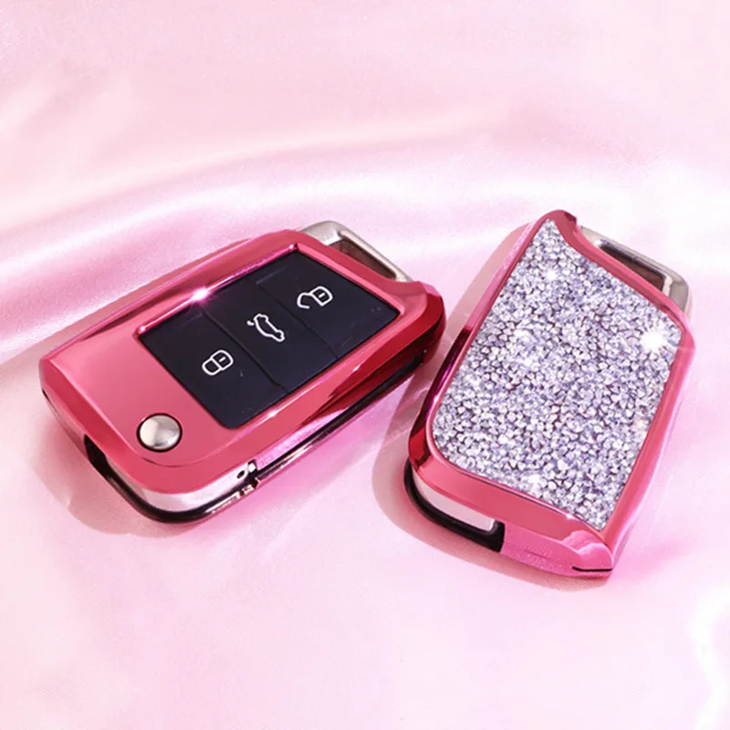 Роскошный Звездный блестящий чехол для ключей с кристаллами и бриллиантами, защитный чехол для VW Golf-7 Tiguan-L POLO, подарки для женщин и девушек - Название цвета: B-Pink