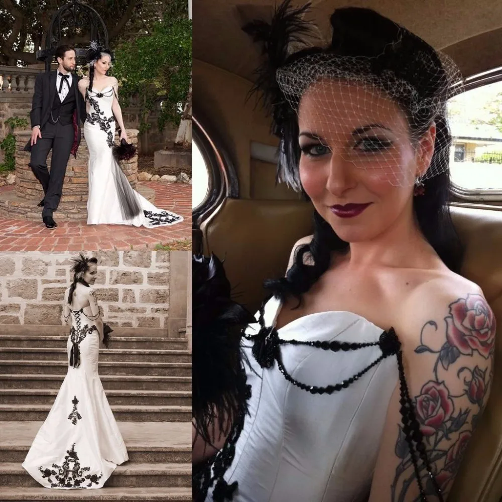 

Gothic Black and White Mermaid Wedding Dresses Sweetheart Lace-up Corset Back Lace Applique Beaded Church Outdoor Bridal Gown
