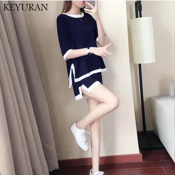 

2019 Summer Knitted Two Piece Set Top + Pant Women Knit Short Sleeve Pullover Top Shorts Set female office suit women's costumes