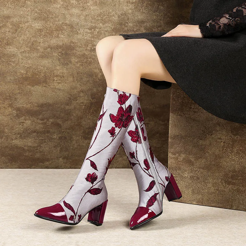 Zapatos Impresión Cuero Tacones Pantorrilla Larga Phoentin Botas Flor Media Alta Tinto Vino Patchwork La Ft531 Genuino Mujeres De Para Cremallera Las TXpqWpZ7v