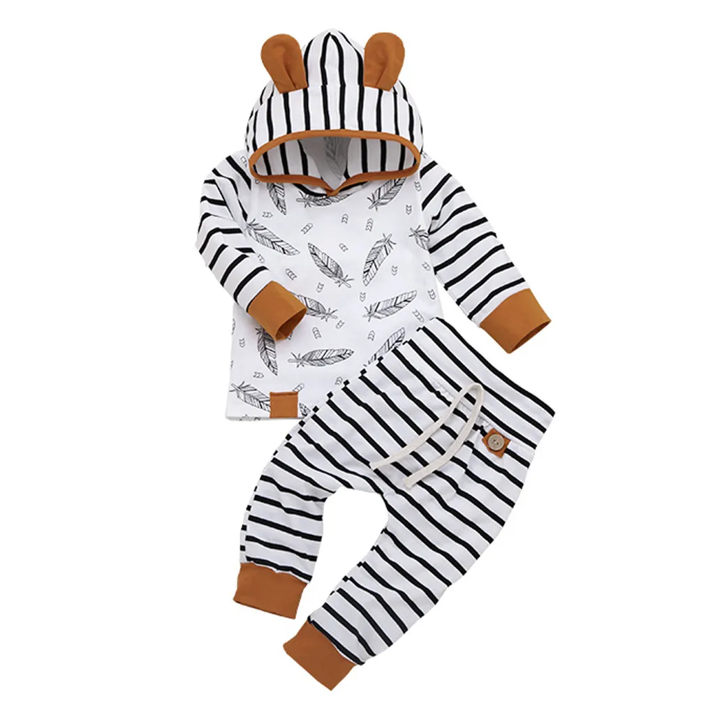 Г. Комплект зимней одежды для новорожденных девочек, футболка с капюшоном и длинными рукавами для мальчиков топы, леггинсы в полоску с перьями, штаны комплект одежды для малышей