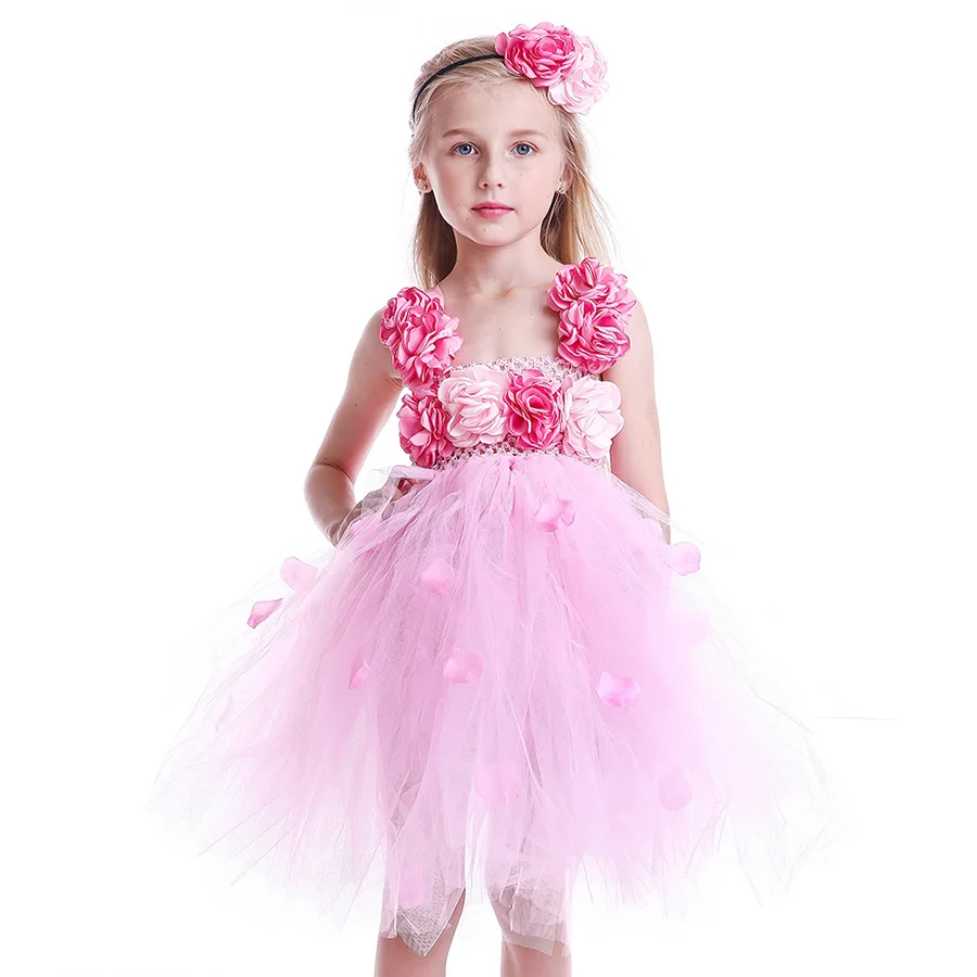 Girl Pink Flower Princess Tutu Dress with Hair Hoop Children Fancy Wedding (2)