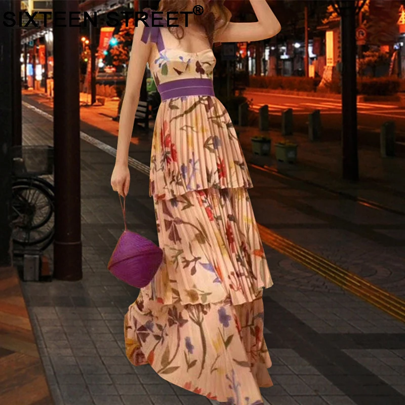 

womans spaghetti strap dress floral printed party elegant summer pleated maxi dresses for ladies vintage sleeveless vesti