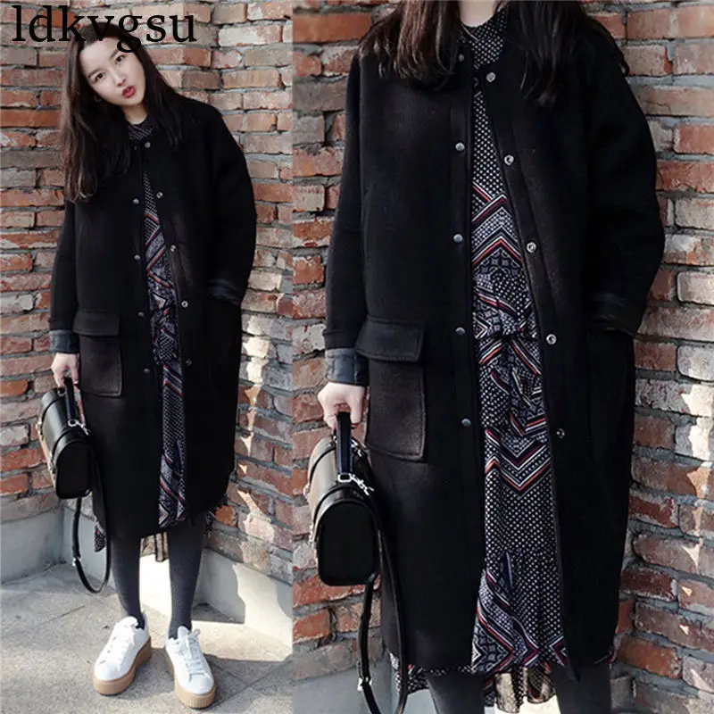 Высокое качество осень зима шерсть корейская мода Свободное пальто длинное черное кокон шерстяное пальто для женщин куртка-бомбер V18