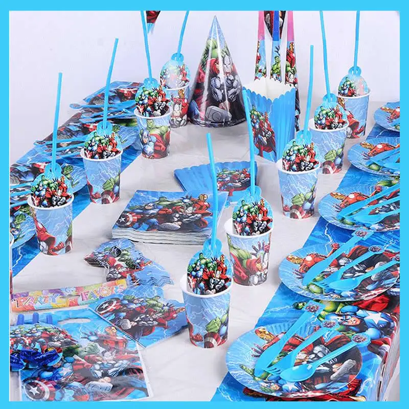 

Superhero Avengers Birthday Party Decorations Kids Baby Shower Disposable Tableware Cups Tablecloth Plate Event Party Supplies