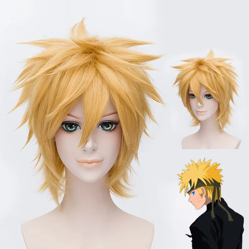 Hot Sell!!! Hot!! Naruto Uzumaki Cosplay Wig Cheap Golden Short Anime Hair Synthetic Wigs Heat Resistence+A wig cap |