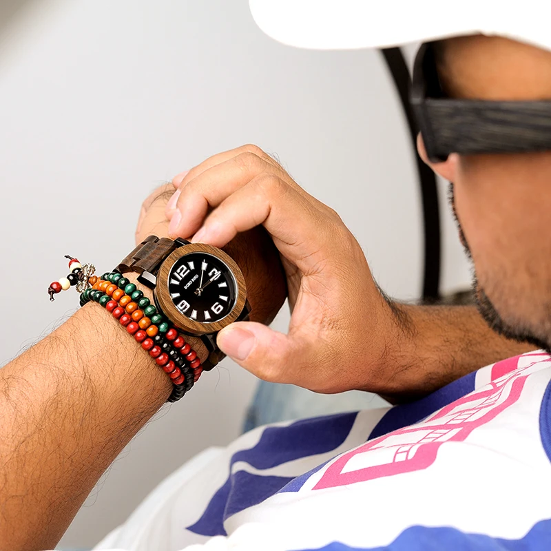 BOBO BIRD Men Verawood Wooden Watches Top Brand Luxury Quartz Wristwatch with Fold the Strap Wood Band in Gift Box saat erkek
