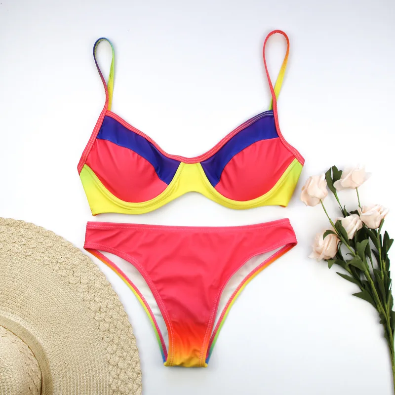 

Women Swimwear 2019 Sexy Gradient Stripes Halter Push Up Bikini Swimsuits Bodysuit Female Bathing Suit Low Waist Biquini