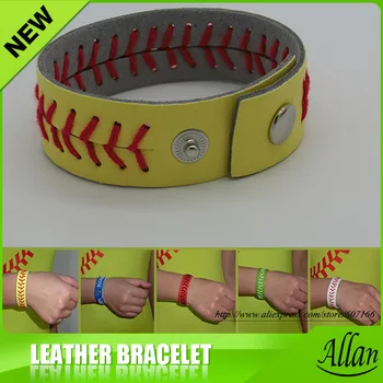 

free shipping yellow real leather bracelets length adjustable softball seam bracelet