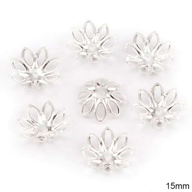 Silver 100 шт./лот, 15 мм, серебристые, золотистые, бронзовые, с покрытием в виде лепестков цветов, бусины, колпачки, подвески, бусины, чашки для рукоделия, аксессуары для изготовления ювелирных изделий - Цвет: Silver