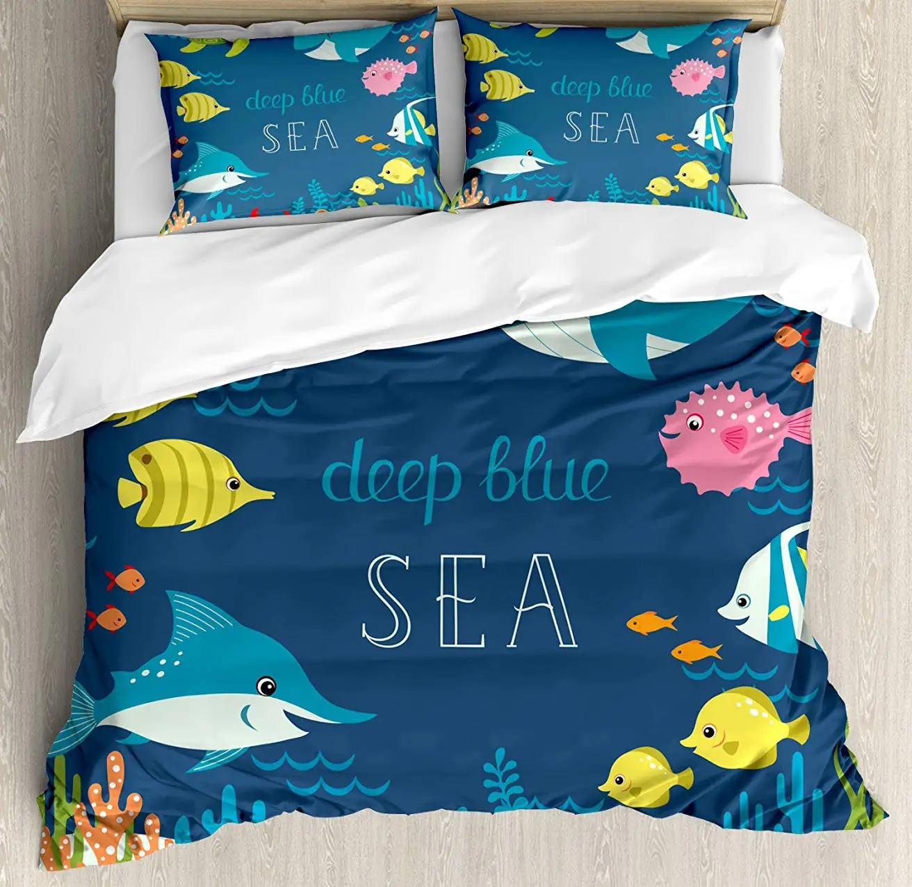 

Cartoon Duvet Cover Set Queen Size Artsy Underwater Graphic Algaes Coral Reef Turtles Fishes Life Aquatic Bedding Set Multicolor