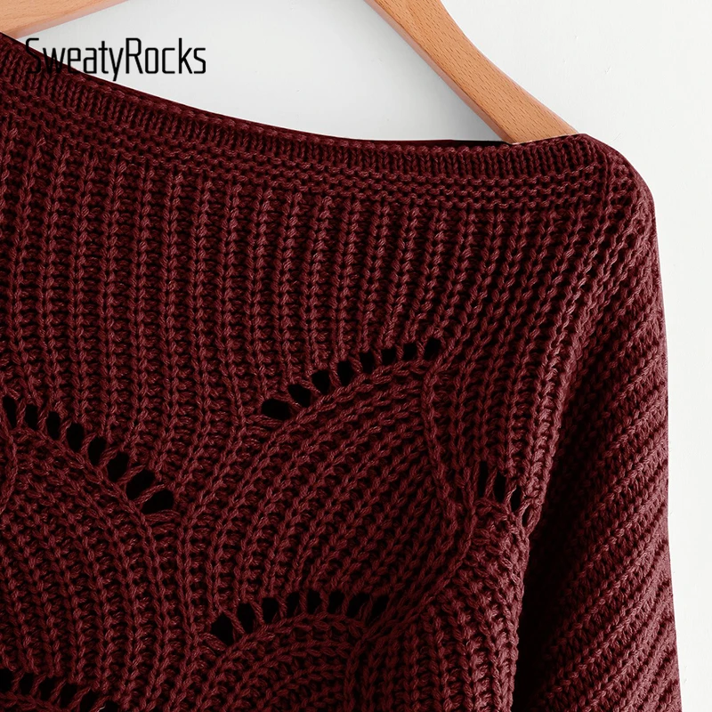 SweatyRocks Burgundy Eyelet Detail Scallop Trim Oversized Sweater Batwing Sleeve Boat Neck 2018 New Autumn Lady Women Sweaters