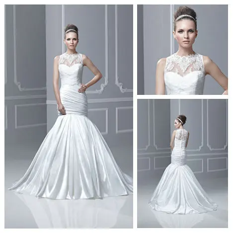 Discount 2015 New Designer Lace Bodice Sweep Train Bridal Gowns Button Covered Back High Neck Wedding Gown -muslim | Свадьбы и