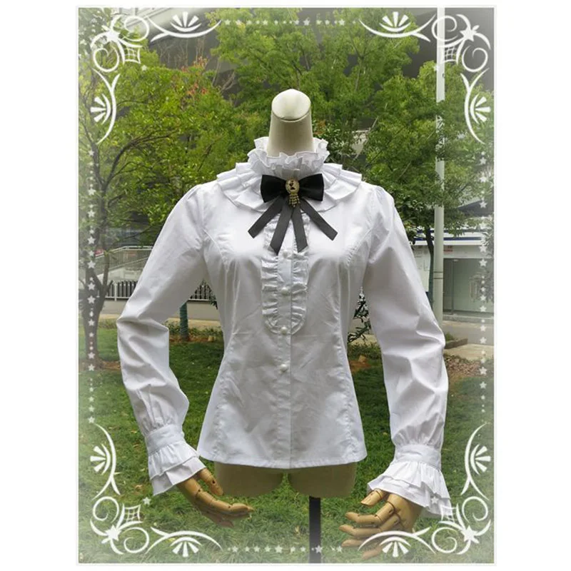 

Women's Sweet Lolita Cotton Blouse Long Sleeve Stand Collar With Black Bow Vintage Victorian Shirt For Woman 2019