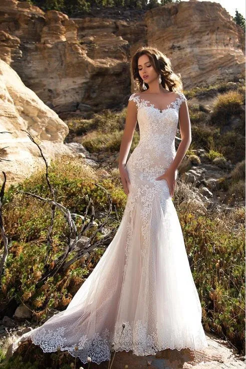 

LORIE Mermaid/Trumpet Train Illusion Bridal Gown Dress Sleeveless Double Shoulder Appliqued Lace Wedding Dresses 2019 White