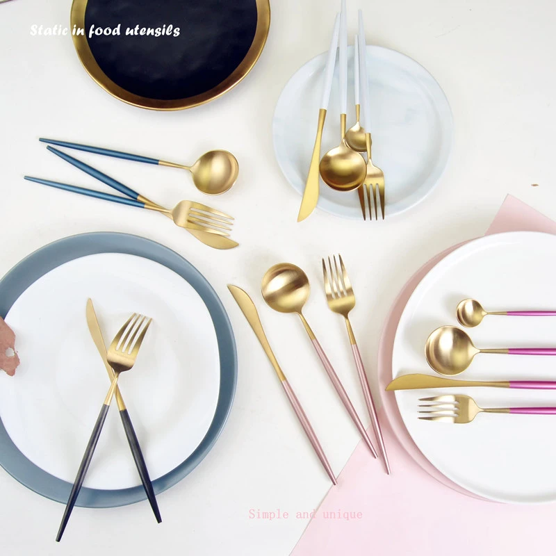 Goede 7 kleuren Rvs Bestek Set Nobele Vork Mes Dessert Servies Servies Goud Zilver Zwarte Koffie