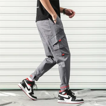 

Trendy Embroidery Men's Cargo Pants Multi-Pockets Mens Pants Elastic Waist Casual Pants Men Pantalones Hombres