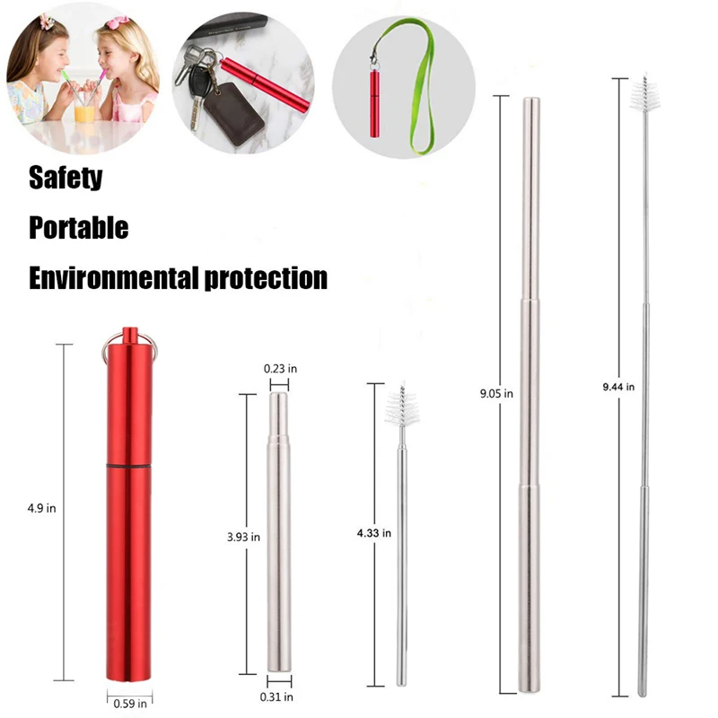 Многоразовая телескопическая соломинки из нержавеющей стали металлическая Питьевая солома с бокс-Брелок чехол и Чистящая Щетка