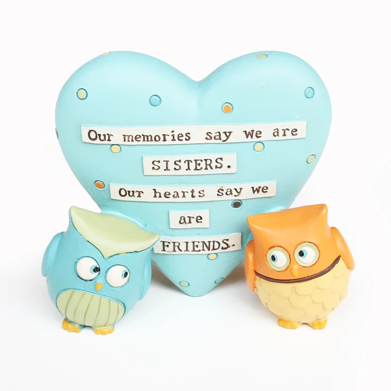 

Orange and Blue Owl Figurines Leaning on Large Love Heart Shape Resin Fairy Home Garden DIY Micro Gifts for Sisters and Friends