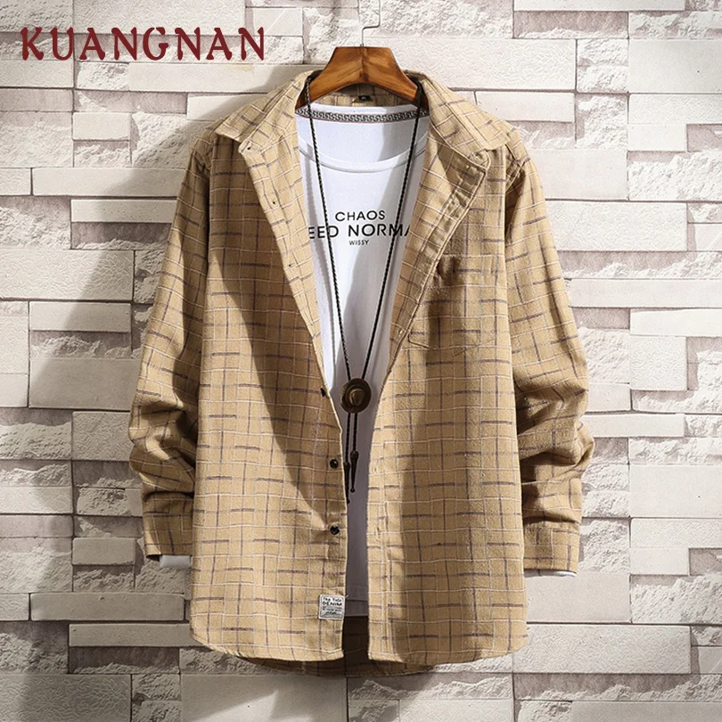 KUANGNAN, японский стиль, клетчатая рубашка, Мужская Уличная одежда, мужские рубашки, повседневные свободные мужские рубашки с длинным рукавом