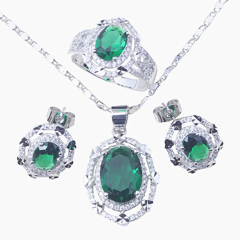 

Gold Colour Earrings Necklace Pendant Health Fashion Crystal Jewelry Sets Ring Green CZ T077