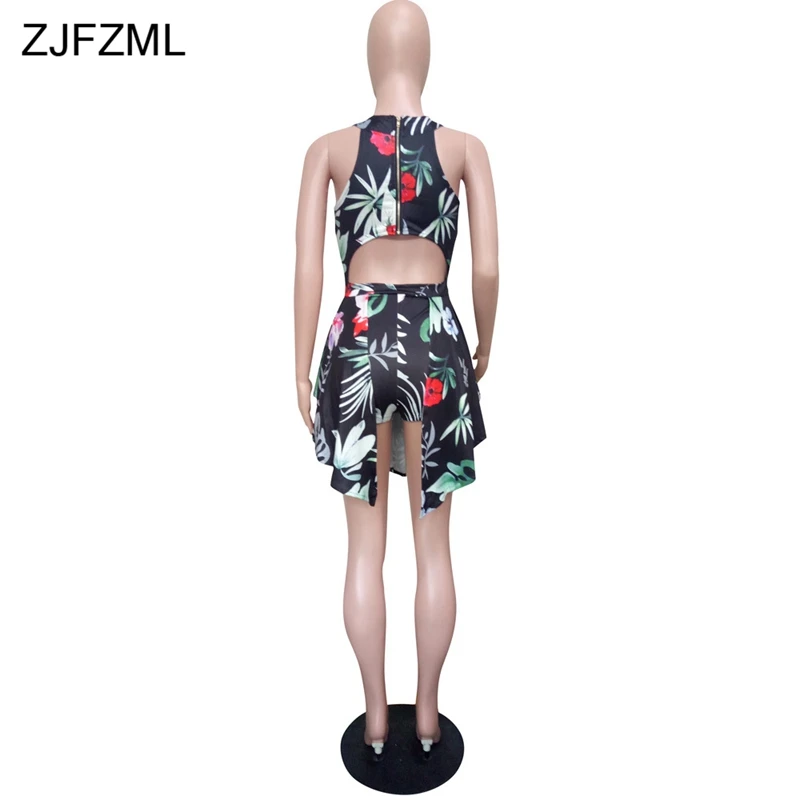 ZJFZML цветочный принт пикантные нерегулярные Playsuit Лето для женщин O средства ухода за кожей шеи без рукавов короткая водолазка ретро с