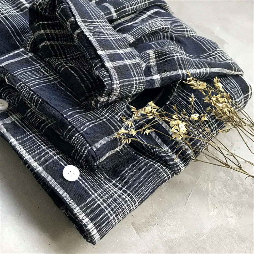  Wide Shoulder Plaid Women Blouses 2018 Autumn Linen Big Chest Plaid Shirts Loose Women Top Blusas Lantern Sleeve Clothing (11)