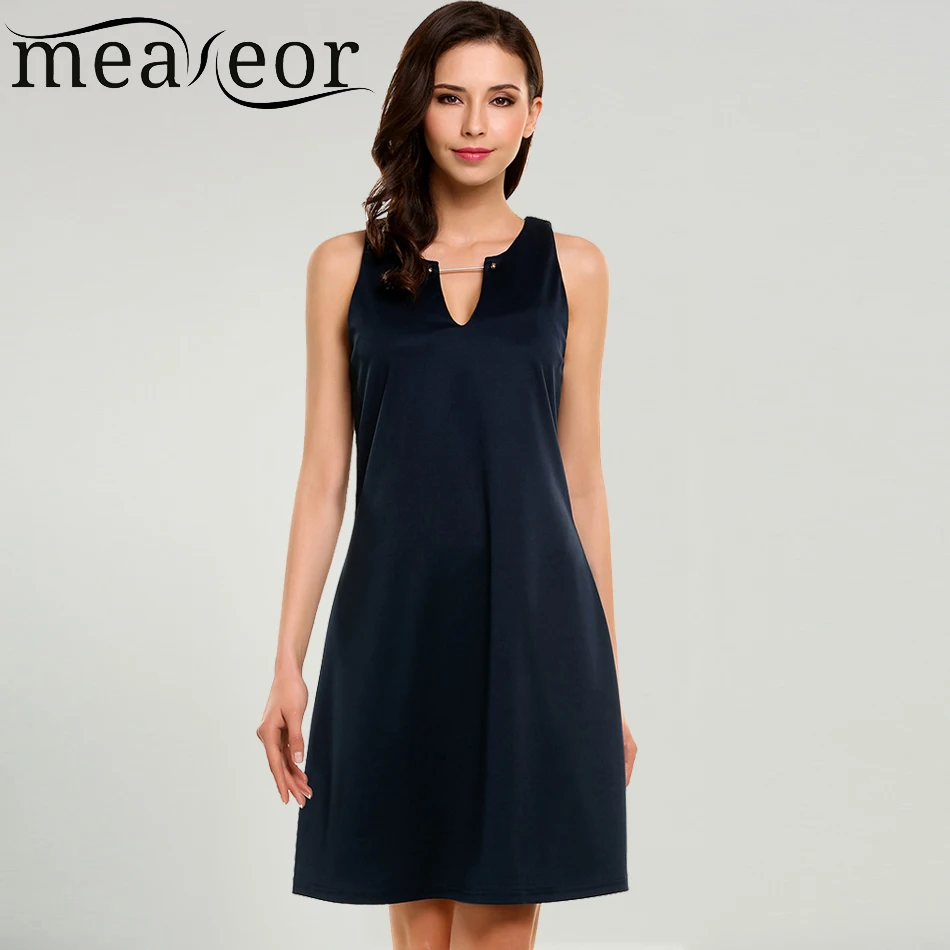 

Meaneor Women Dress Summer Autumn Simple Casual V-Neck Sleeveless Solid A-Line Pleated Hem Elatic Tank Dresses Feminino Vestidos