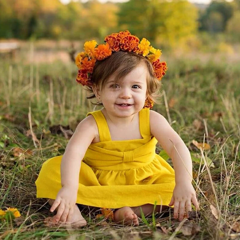 Милый Летний Сарафан для маленьких девочек короткое платье-мини-жилет с бантом повседневные хлопковые платья для маленьких детей наряд без рукавов красный, желтый