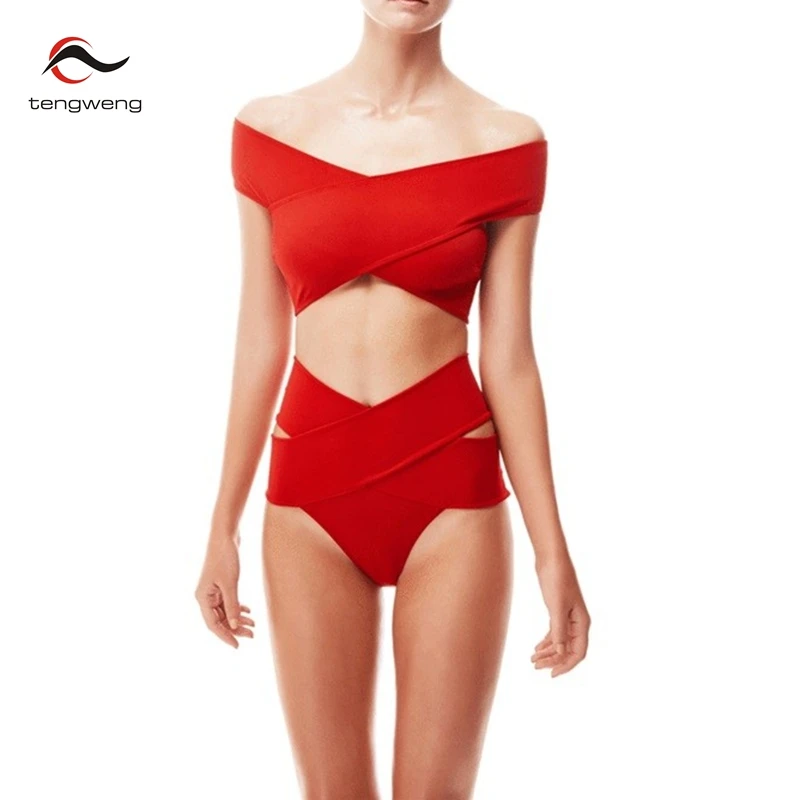 

Tengweng 2017 New Sexy Criss Cross Bikini Set Red Black Swimsuit Cut Out Swimwear Bandeau High Waist BathingSuit Beach Brazilian
