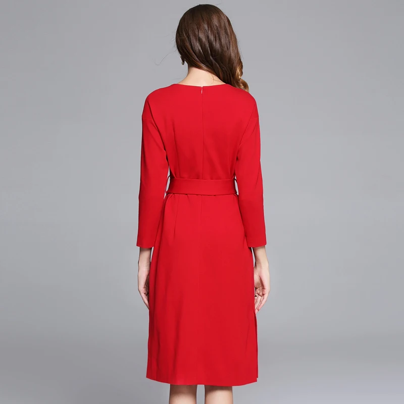 Red Autumn Dress Women 2018 Bow Long Sleeve Solid A-Line office Party Vestidos Robe Femme Casual Split Long Dress Elegant Dresses
