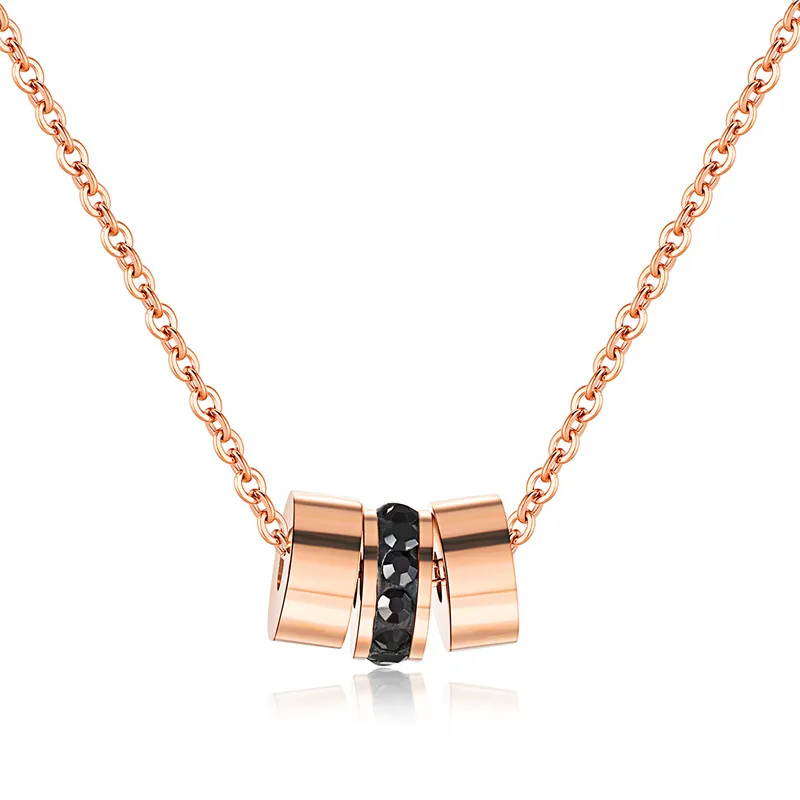 Rose Gold Titanium Necklace Three Rounds Pendant Necklace Black