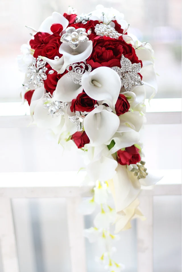 JaneVini водопад украшения для букета невесты цветы с жемчугом Кристалл Роза красные бусинки искусственные цветы для невесты ручка букета розовый