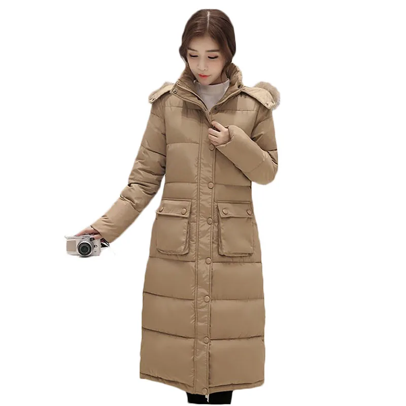 Fashion Winter Long Women Coats Thick Jackets Fur Collar Hooded Down Jacket Lady Parkas Outwear Plus Size BLACK Overcoat C456