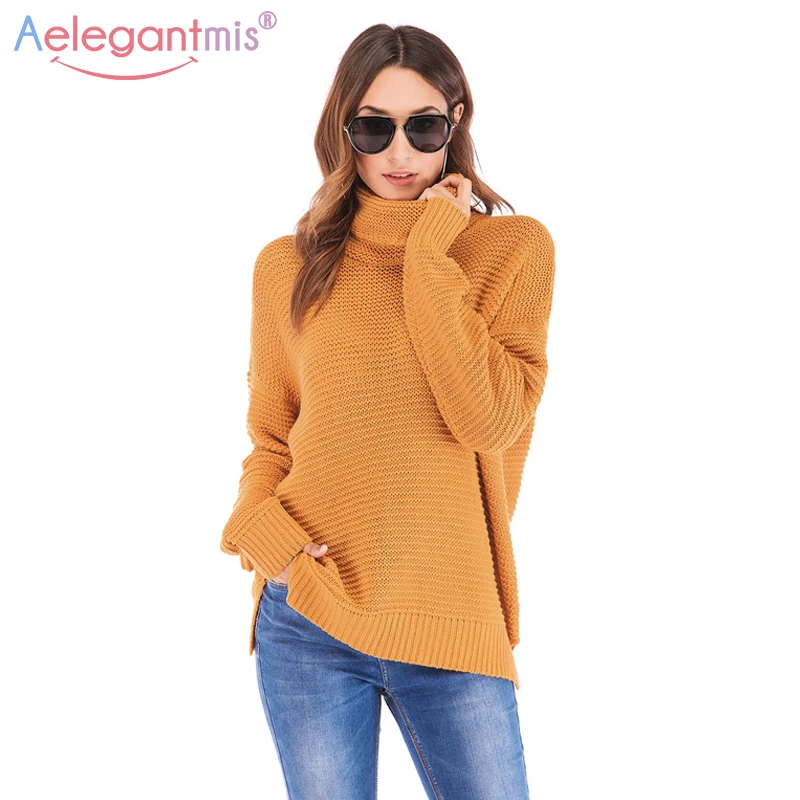 

Aelegantmis Women Turtleneck Knitted Sweater Solid Color Long Sleeve Loose Knit Pullovers and Sweaters Ladies Knitting Jumpers