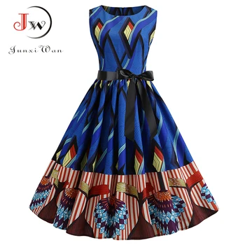 

Blue Floral Print Swing Vintage Dress Women Summer A Line Party Dresses Robe Tunic Casual Plus Size Ladies Office Work Dress