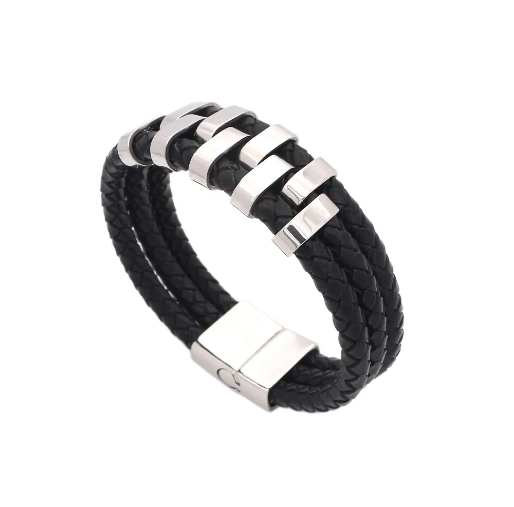 JSBAO Man's Three Layers Leather Bangles Punk Style Stainless Steel