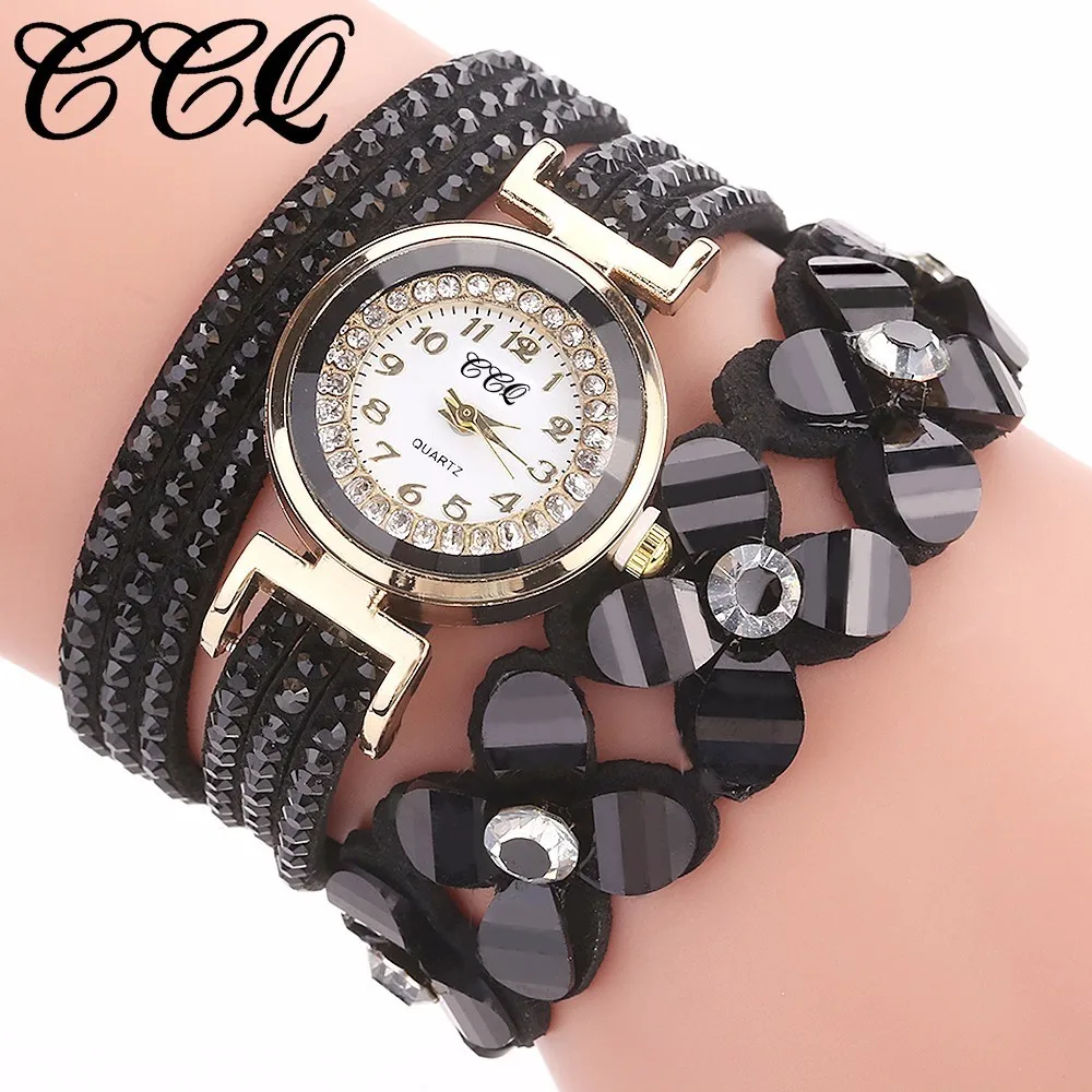 

CCQ Brand Fashion Women Flower Crystal Clock Quartz Watch Casual Luxury Leather Rhinestone Bracelet Watch Relogio Feminino Hot