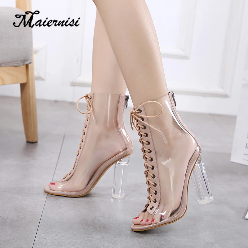 

MAIERNIS New Summer Roman Cross Strap Transparent PVC Pointed Women Pump Sandals Sexy Thin High Heel Women Shoes