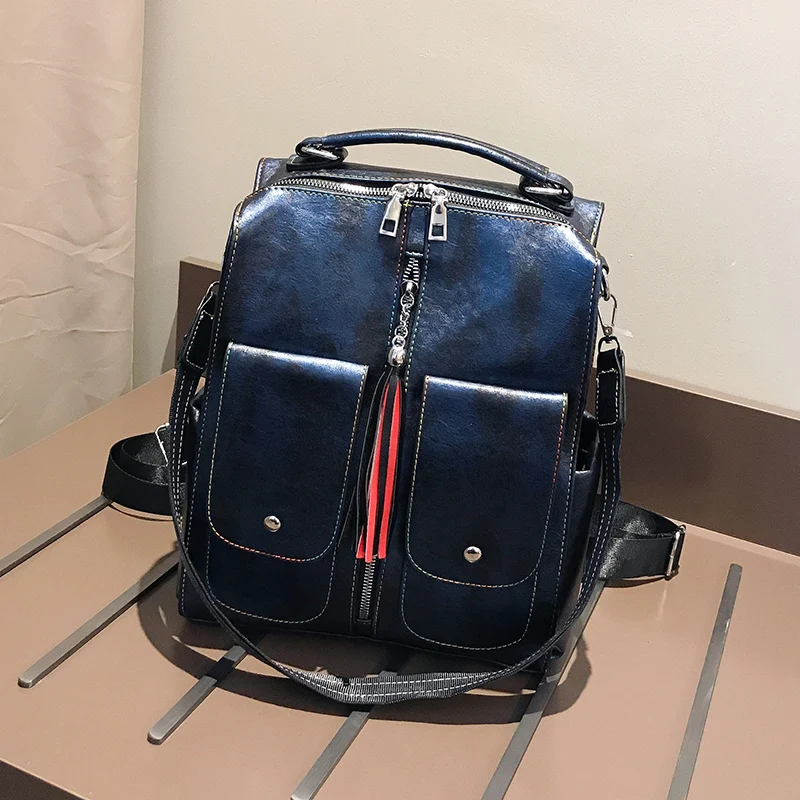 Мягкий кожаный рюкзак для колледжа, Модный женский рюкзак, Большая вместительная школьная сумка, сумка Mochila с бахромой, женский рюкзак - Цвет: blue
