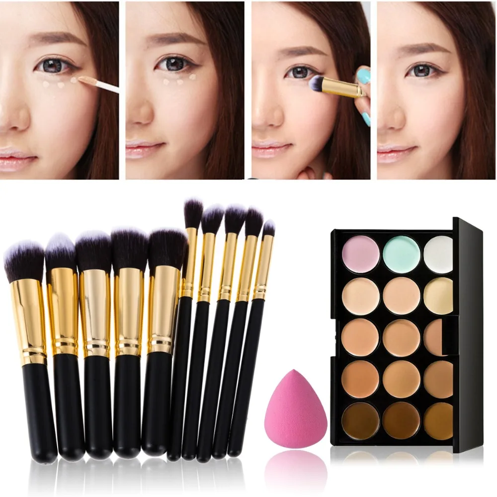 

15 Colors Concealer Palette+Makeup Foundation Sponge+ 10Pcs Mini Pro Makeup Brush Make Up Set Best Price