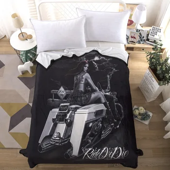

Custom Beauty Riding Motorcycle Vector Sherpa Fleece Blanket Ride or Die Print Black Sofa Throw Blanket for Teen Adult 150x200cm