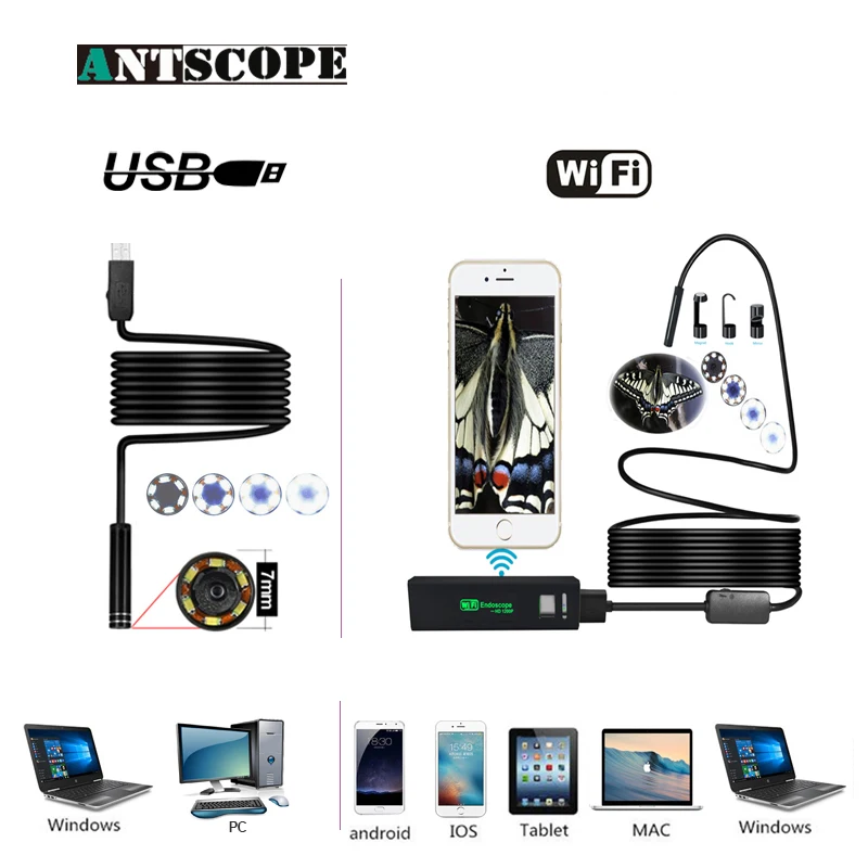 

Antscope Wifi 8mm Endoscope 2/3.5/5/10M Waterproof Borescope 1200P Android iOS 7mm Softwire USB Inspection Endoscope Camera 19