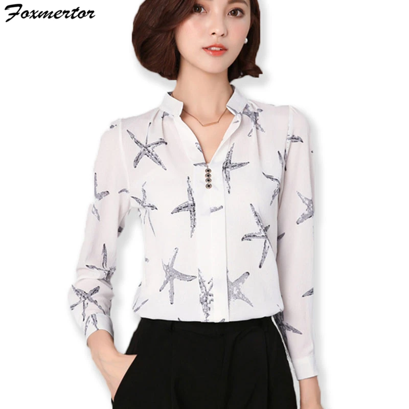  Chiffon Women Blouses Shirt Foxmertor 2019 Autumn V-Neck Print Elegant Office Lady Shirt Long Sleev
