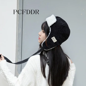 

PCFDDR Cute and Thickened Warm Cap Female Autumn and Winter Retro Corduroy Ear Protection and Wind-proof Flying Leifeng Cap.